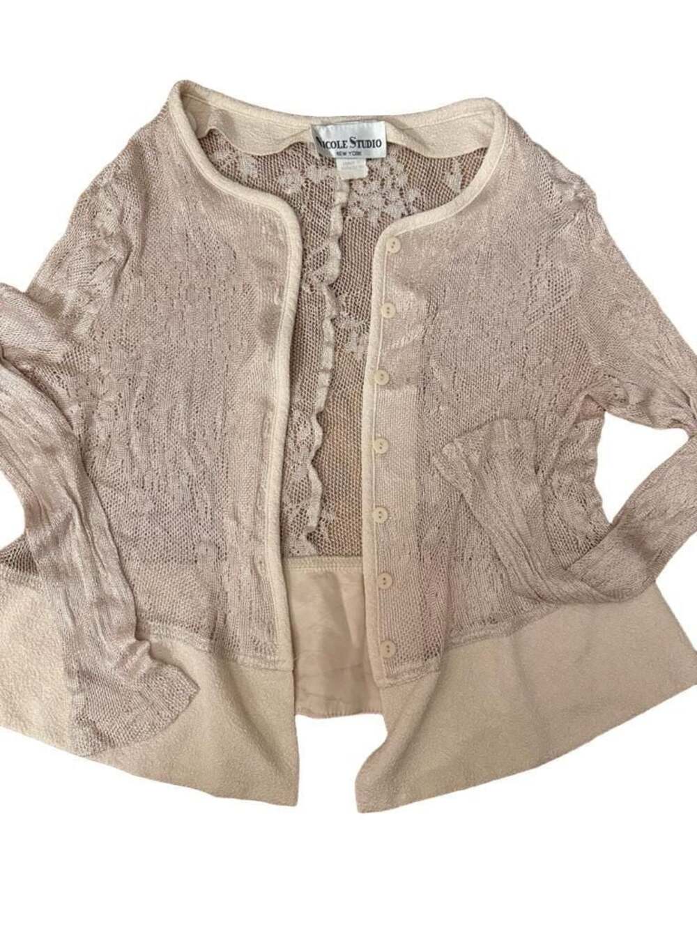 Nicole Studio New York Vintage Metallic Lace Openwork Button-Down Cardigan